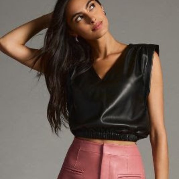 BISHOP + YOUNG SIMONE FAUX-LEATHER BANDED V-NECK TOP - Picture 1 of 1